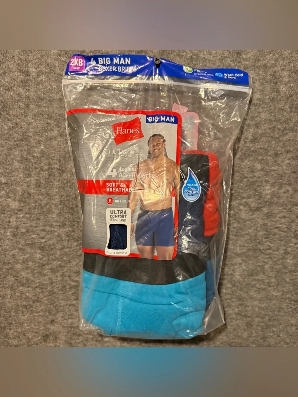 Hanes 4 Pack Tagless Boxer Briefs Mens 2XB 48-50 Big Man Soft Wicking Comfort
